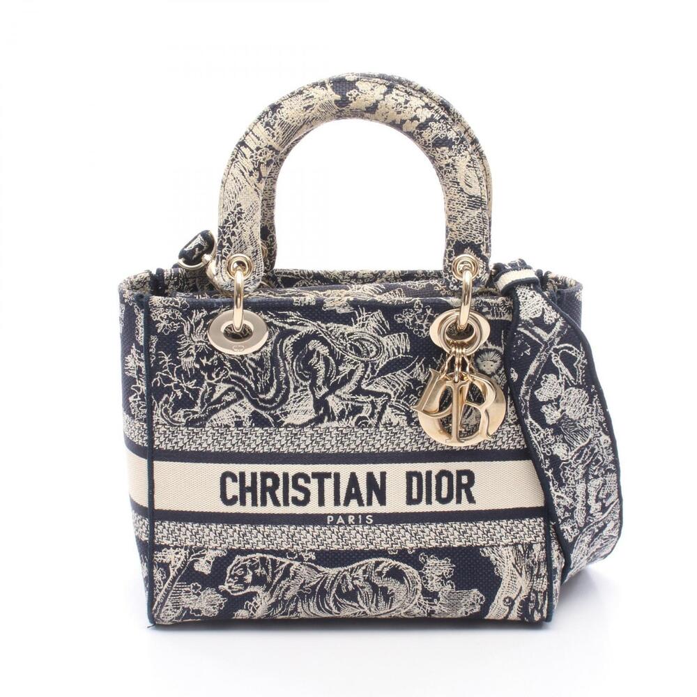 Christian Dior LADY Lite Handbag Canvas Navy Blue Beige